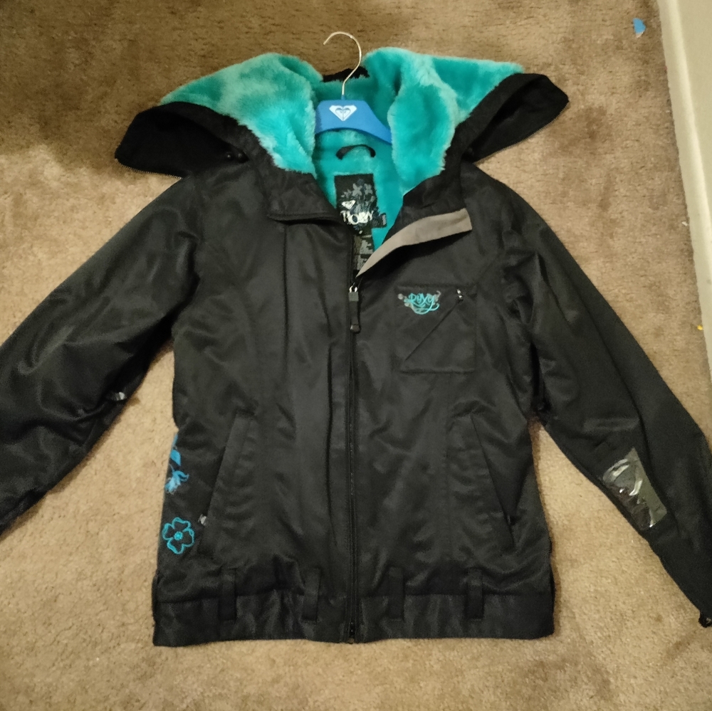 Roxy snowboarding snow jacket, women's sz S, double zipper, lots of pockets, blk